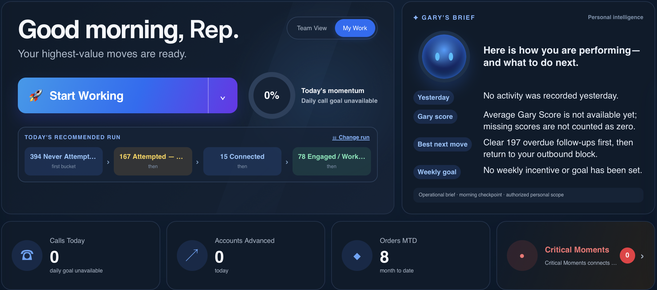 SalesFlo Command Center, rep workflow