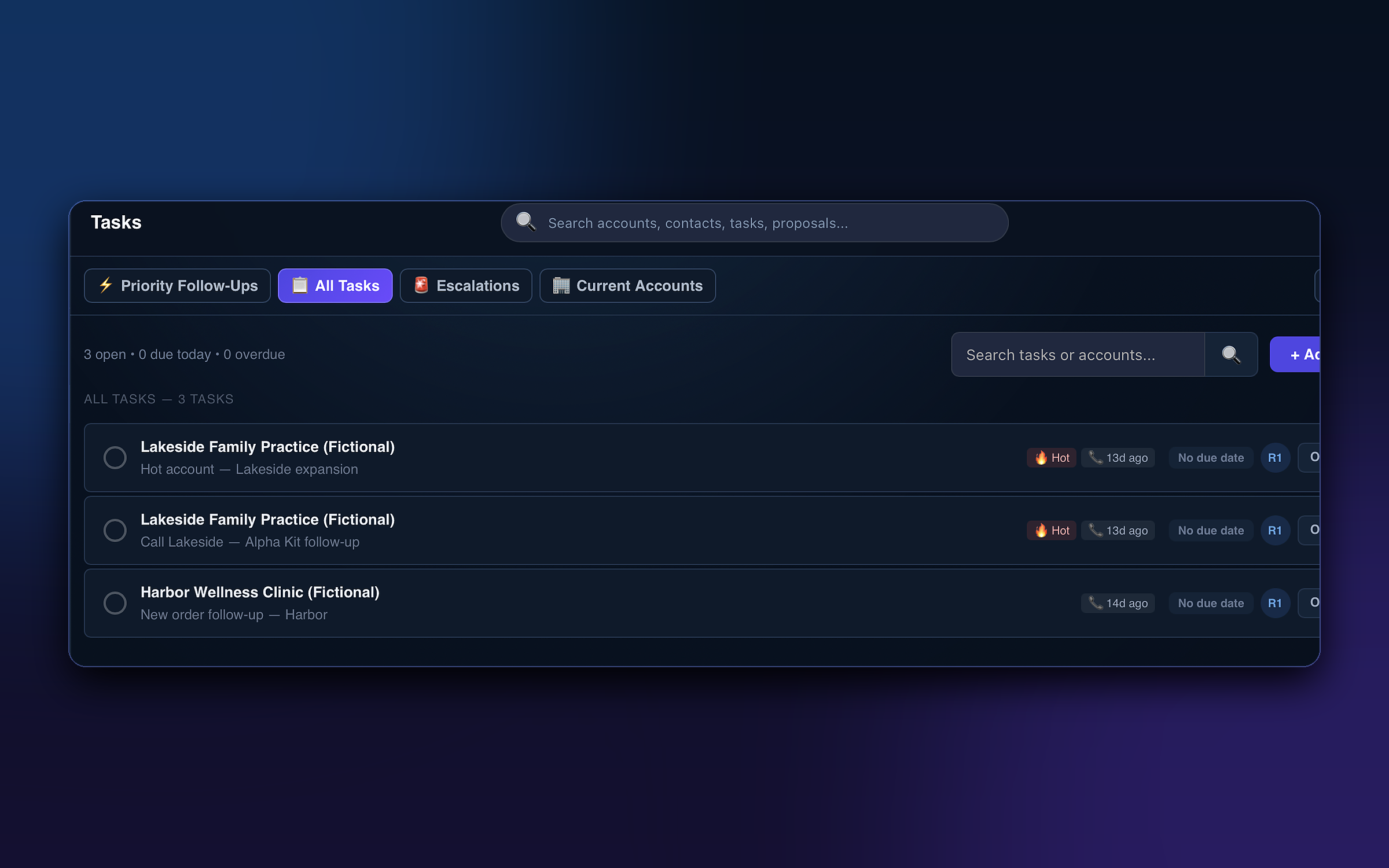 SalesFlo Tasks — priority follow-ups